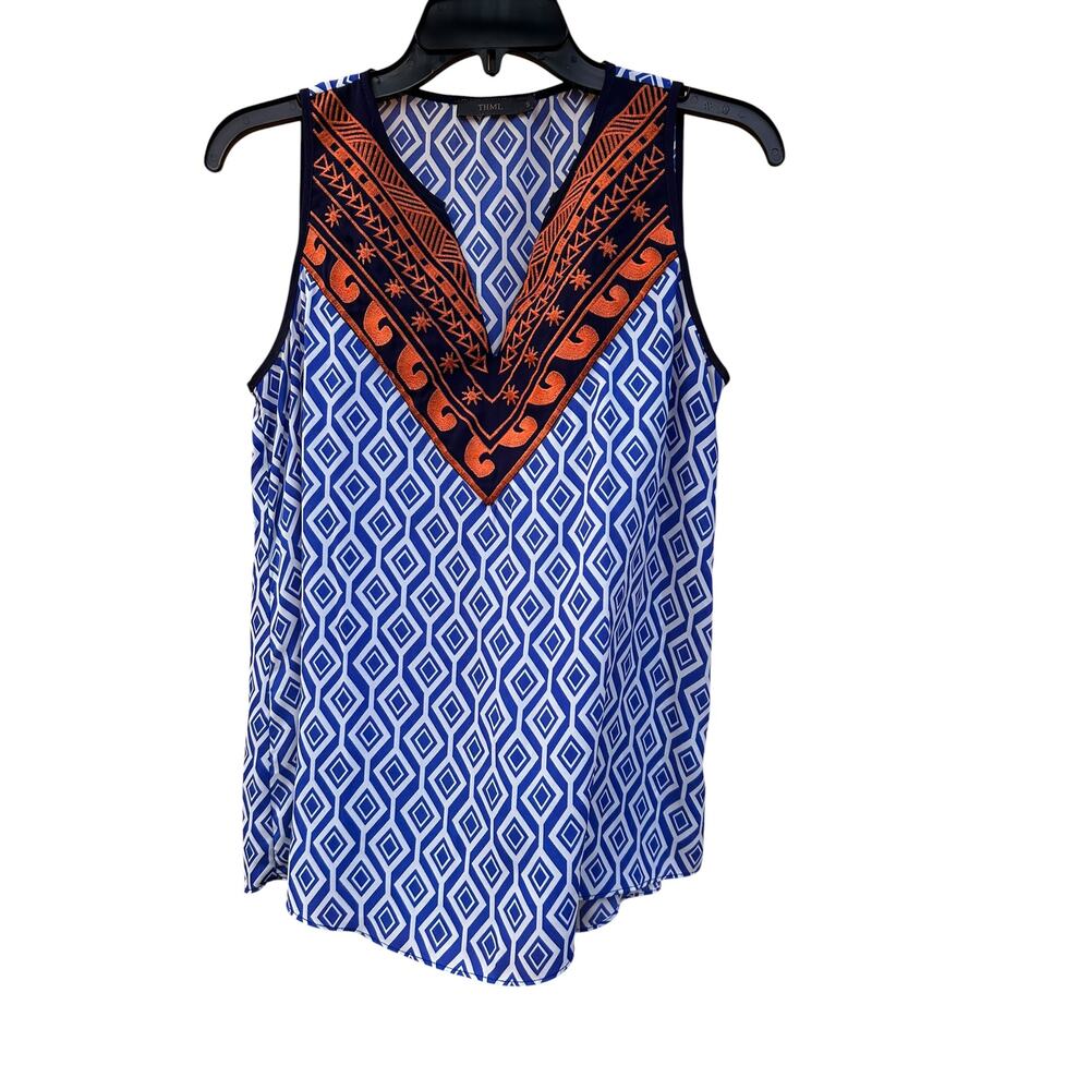 THML Size Small Geometric Sleeveless Blouse Blue White Embroidered Boho Top